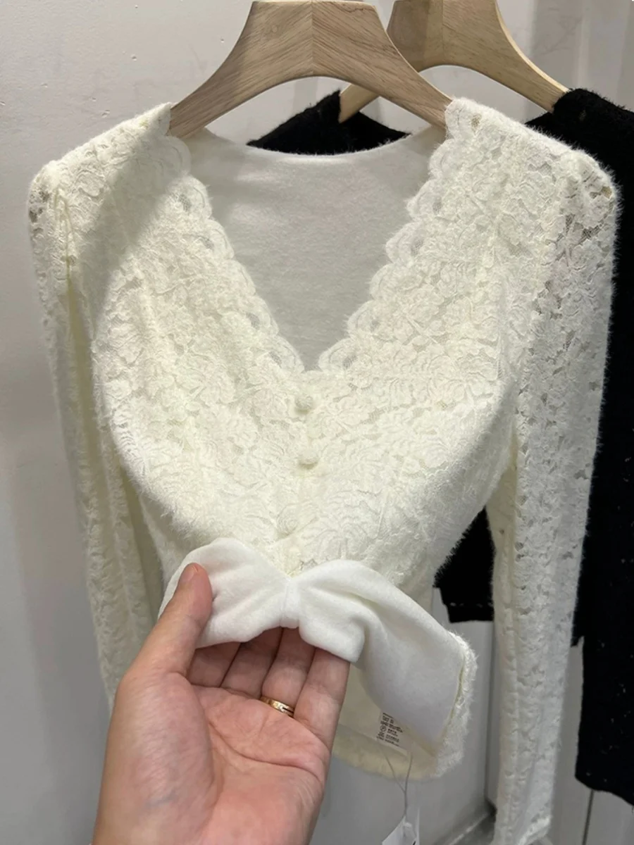 

Faionable Lace Base irt Women's Autumn Winter Thiened Fce V-ne Inner Wear Top Korean Sle Long Sve Slim Fit