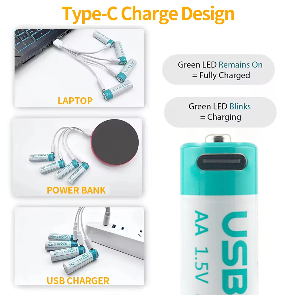 OEMG 1.5V3330mWh AA Rechargeable Battery USB Type-C Rechargeable Lithium Battery for Remote Control Electric Toy Mouse Door Lock