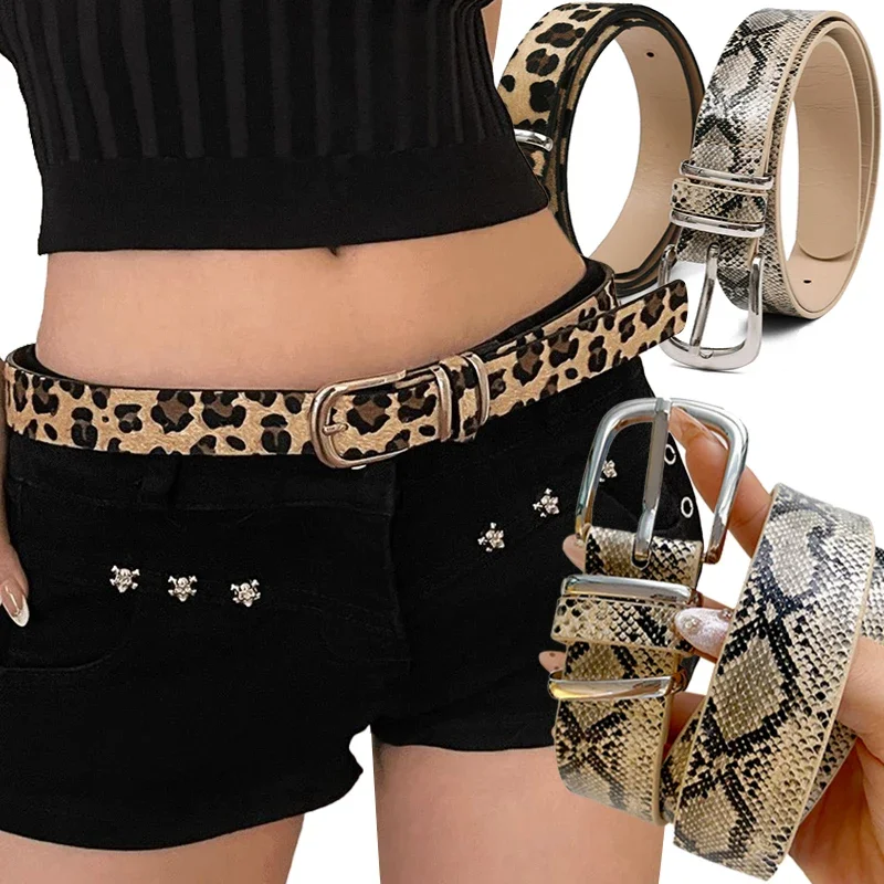 Y2K Leopard Print Belt Women Snake Skin Pattern Belts Jeans Reduce Waistline PU Waistband Skirt Pants Shrink Waist Leather Belt