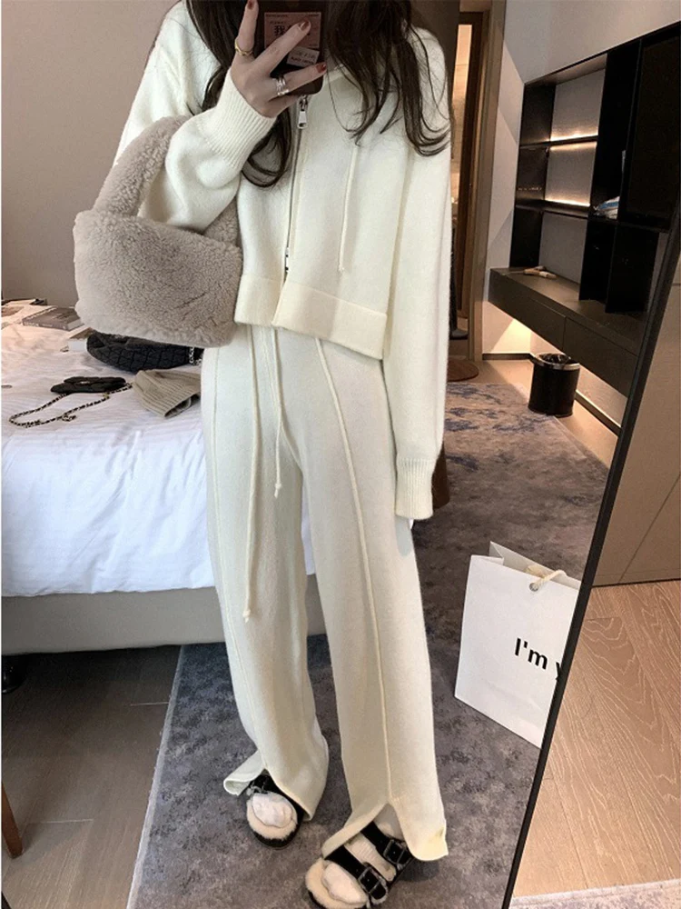 LANMREM Fashion Knitted 2 Piece Set Women Hooded Zipper Sweater High Waist Long Pants Casual 2024 Autumn New Clothing 2VV151