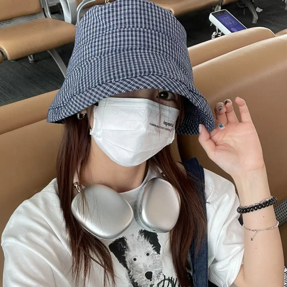 Korean Summer Plaid Bucket Cap Curled Quick-dry Plaid Sun Hat Foldable Bow Fisherman Caps Travel