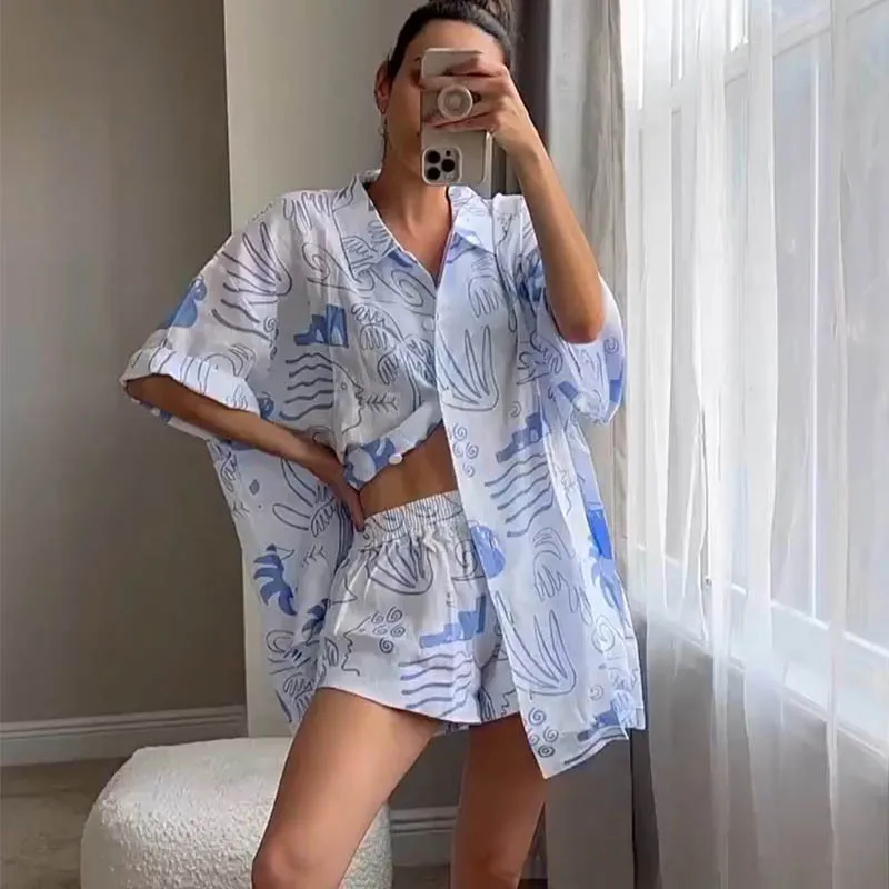 DSMTRC New In Matching Sets for Woman Summer Beachwear Loose 2 Piece Suits Outfits Light Bule Short Sleeve V-neck Shirt+Shorts