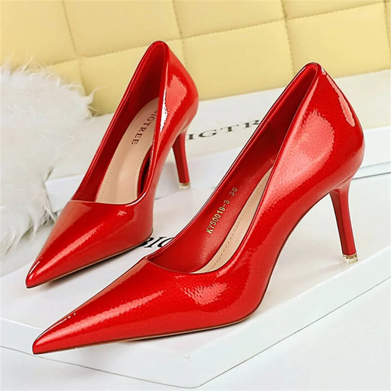 BIGTREE Elegant Simple Woman Heels Slim Heels High Heels Shallow Mouth Pointed Crystal Patent Leather Single Shoes  Women Shoes