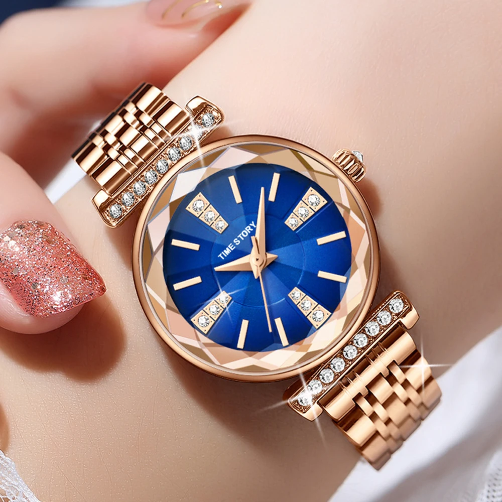 

2023 Crystal Watch for Women Luxury Brand Waterproof Stainless Steel Blue Elegant Ladies Wrist Watches Relogio Feminino