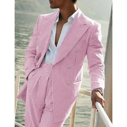 Light Pink Vertical Stripes Suits for Men Two-piece Set Summer Comfortable Linen Cotton Fabric Mens Suit for Casual Beach Party