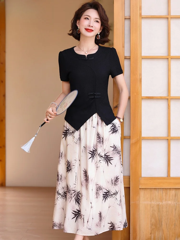 

New Chinese Style Summer Outfit Set Fashionable Midi Skirt Short Sleeve T-Shirt Polyester Fiber Loose Fit round Neck Two Piece