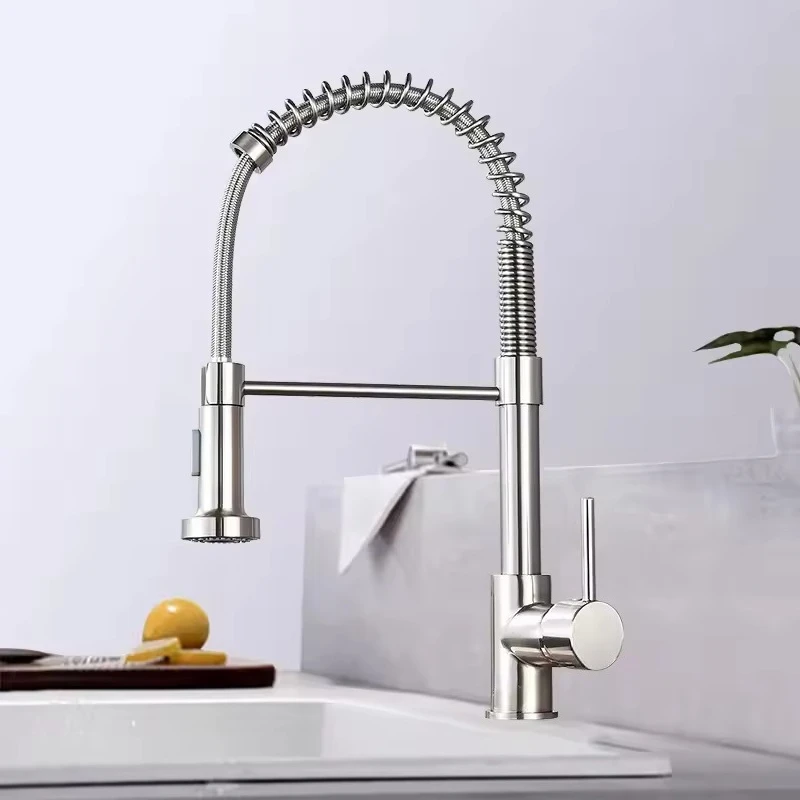 

Hot and Cold Kitchen Taps Spring Brushed Nickel Kitchen Faucet Deck Mounted Mixer Tap 360° Rotation Stream Sprayer Nozzle Faucet