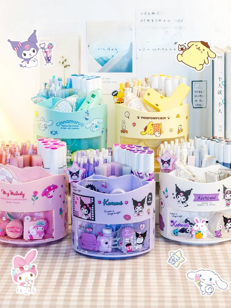 Cute Sanrio Rotating Pen Holder Storage Box Anime Kuromi Cinnamoroll Kawaii Desk Organizer Stickers Stationery Cosmetic Storage