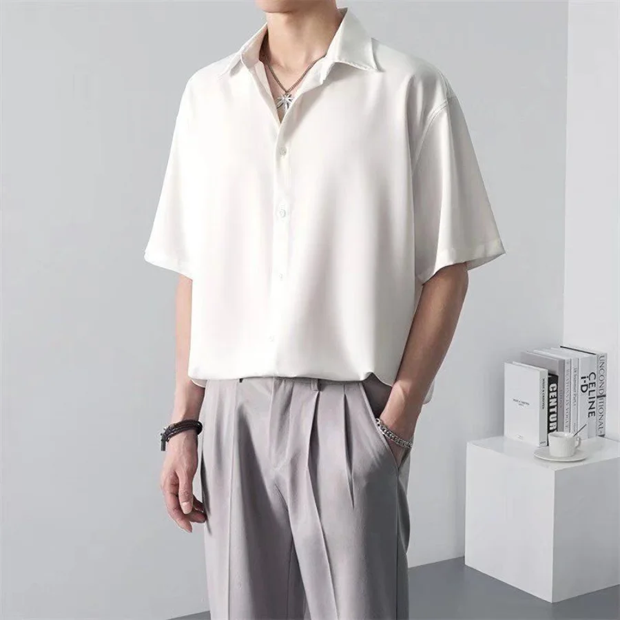 Ice Silk Short-sleeved Shirts Men\'s Non-ironing Drape Solid Color Five-quarter Sleeve Shirt Oversized All-match Loose T-shirt