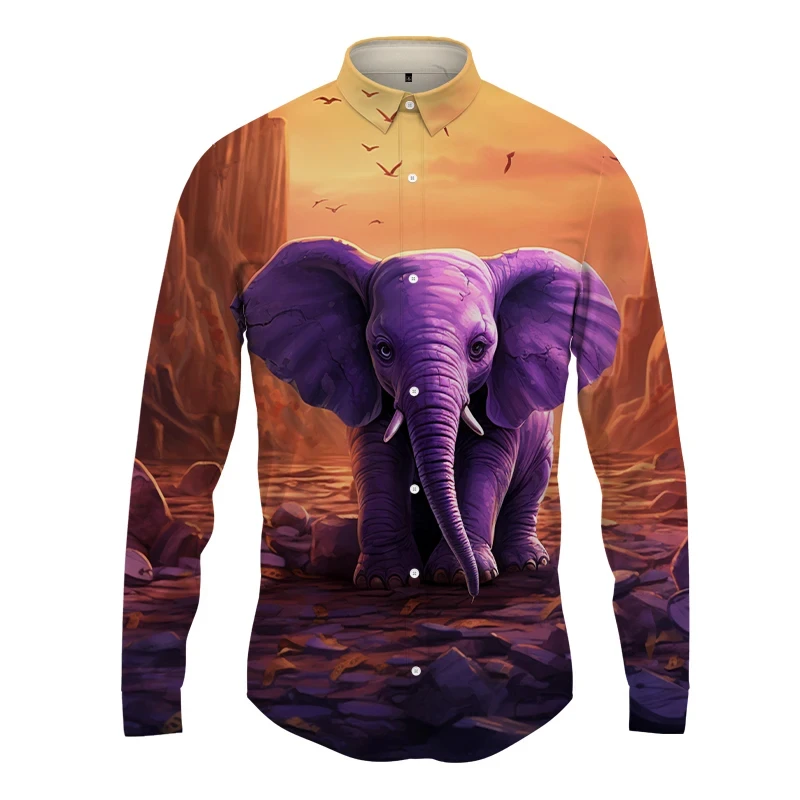 Elefante animal masculino impressão 3D manga longa camisa, confortável, rua, roupa de escritório, elegante