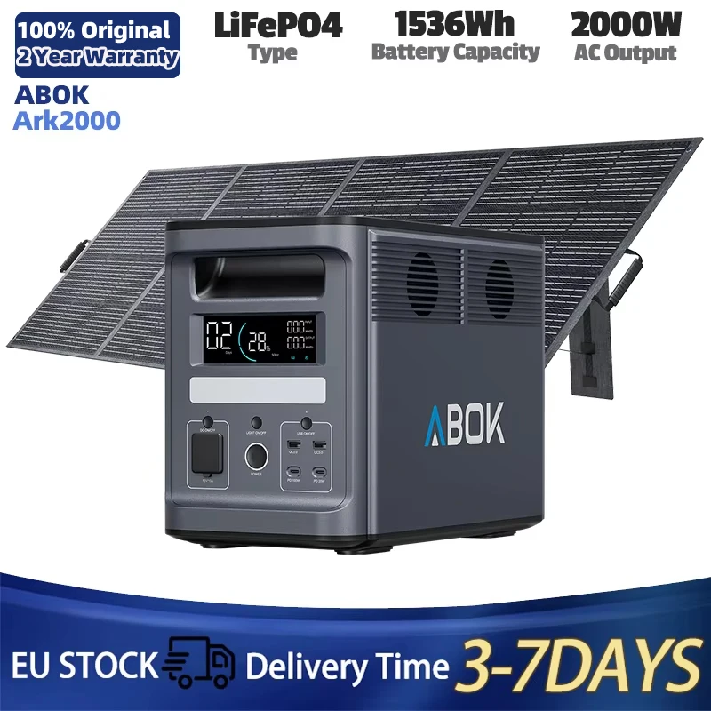 ABOK Power Station 2000W AC Zonne-energiegenerator 400W/200W Zonnepanelen 1536Wh LiFePO4 Batterij voor thuisgebruik, buitenactiviteiten, kamperen, reizen met app