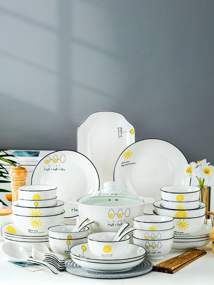 Simple Ceramic Tableware Bowl and Plates Set Plate Tableware Household Jingdezhen Creative Bowl Noodle Bowl Fish Dish