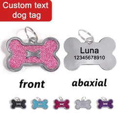 Bone Shape Custom Text Dog Tag Glitter Personalized Name Pets Tag Laser Engraving Pendant Address Number Customized Dog Tags
