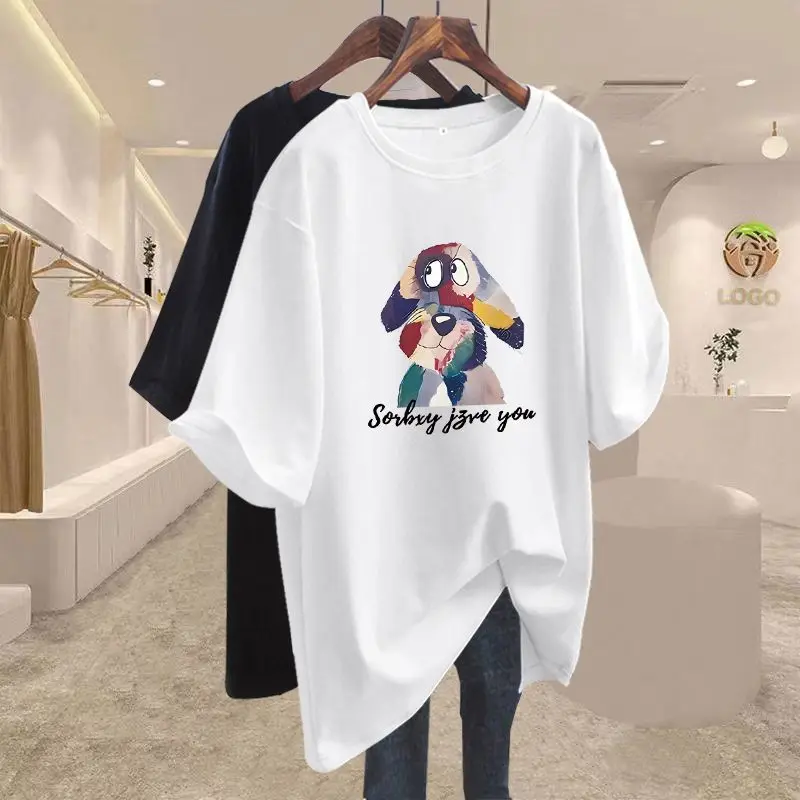 

Lady Elegant Letter Cartoon Printed Tops Women Basics M-6XL Casual T-shirt Summer Loose Short Sleeve O-neck Pure Cotton Pullover