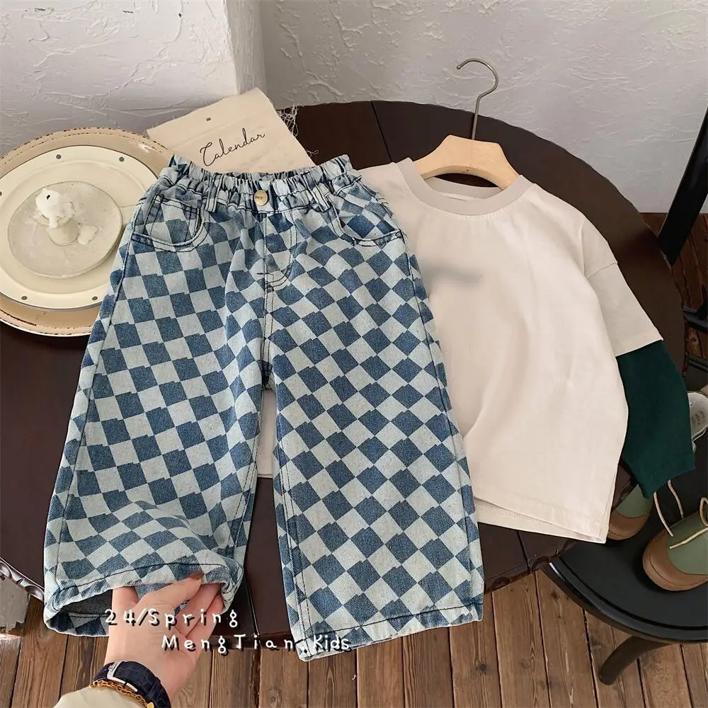 VERHOGEN 2026 Lente Kinderen Jongens Denim Broek Argyle Plaid Baby Jongens Rechte Broek Losse Leisure Veelzijdige Babys Jongen Jeans Broek