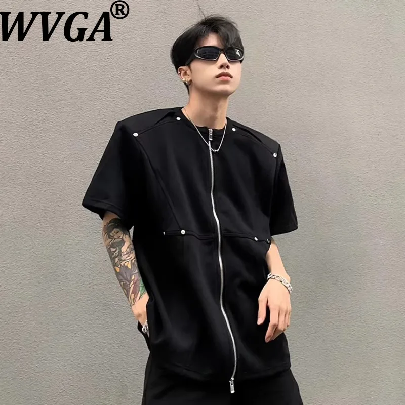 

Мужская футболка WVGA в американском уличном стиле с молнией, модная, с круглым вырезом, с коротким рукавом, летняя, нишевая, шикарная, повседневная, Ins W21563
