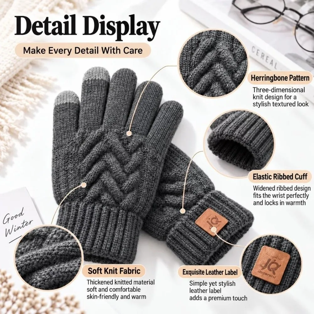 Classic Style Unisex Touch Screen Gloves Acrylic One Size Cable Knitted Gloves Winter Warm Gloves Cold Weather Wear