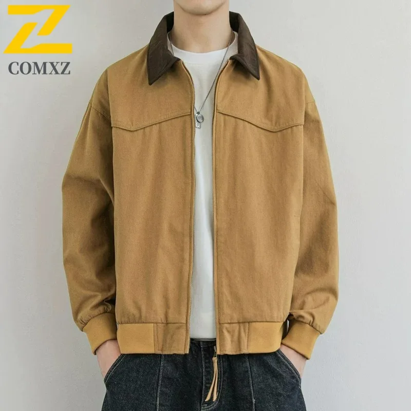 

COMXZ Men Leather Windbreaker Jacket American Stand Collar Camping High Quality Travel Varsity Jacket Walking Minimalist Coat