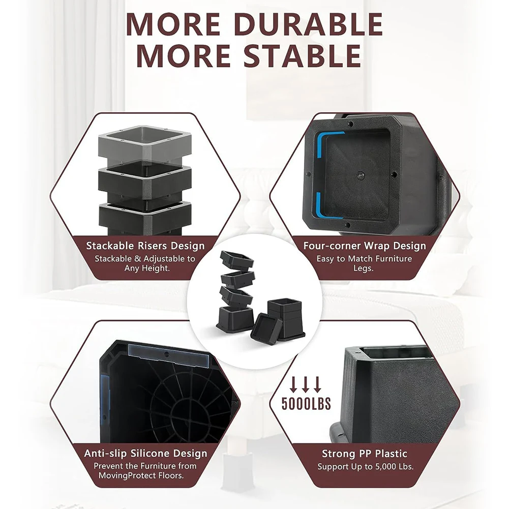 

4pc Furniture Feet Riser Stackable Chair Heightening Foot Pad with Rubber Bottom Non-Slip Chair Glides Feet Caps for Floors