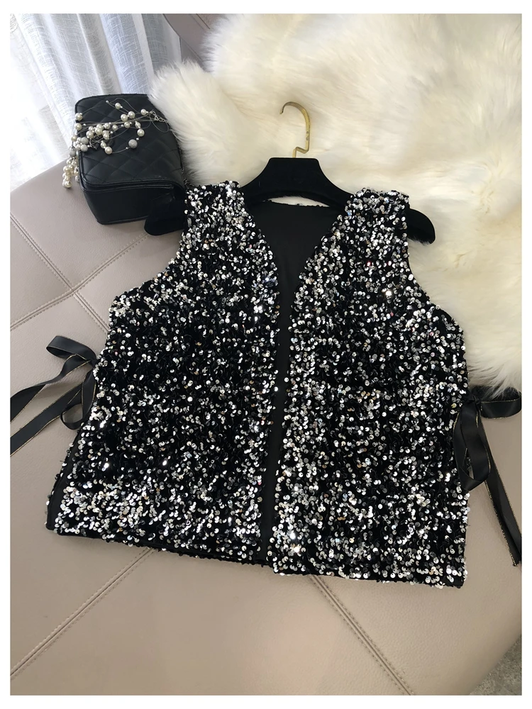 Fashion Women\'s New Heavy Industry Sparkling Sequin Vest Loose Lace Short One Hundred Matching Shirts Small Cardigan Tops