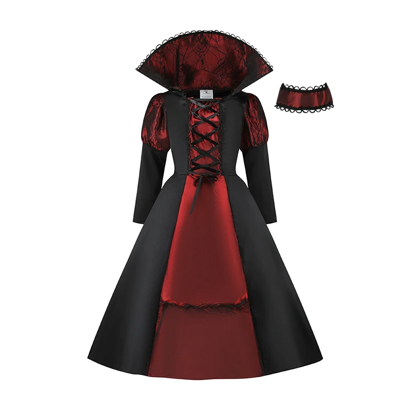 Halloween-Mädchen-Vampir-Königin-Rollenspiel-Outfit Schwarzes Rotes Langes Kleid Mit Kragen Für Bühnenauftritte – Detail 4