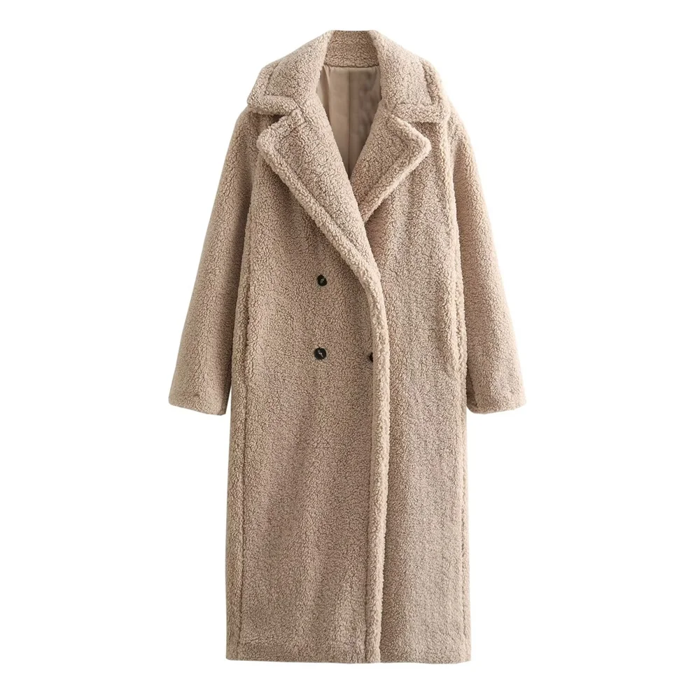 PB&ZA 2024 autumn new women\'s fashion solid color lapel long-sleeved fleece double-breasted loose coat jacket