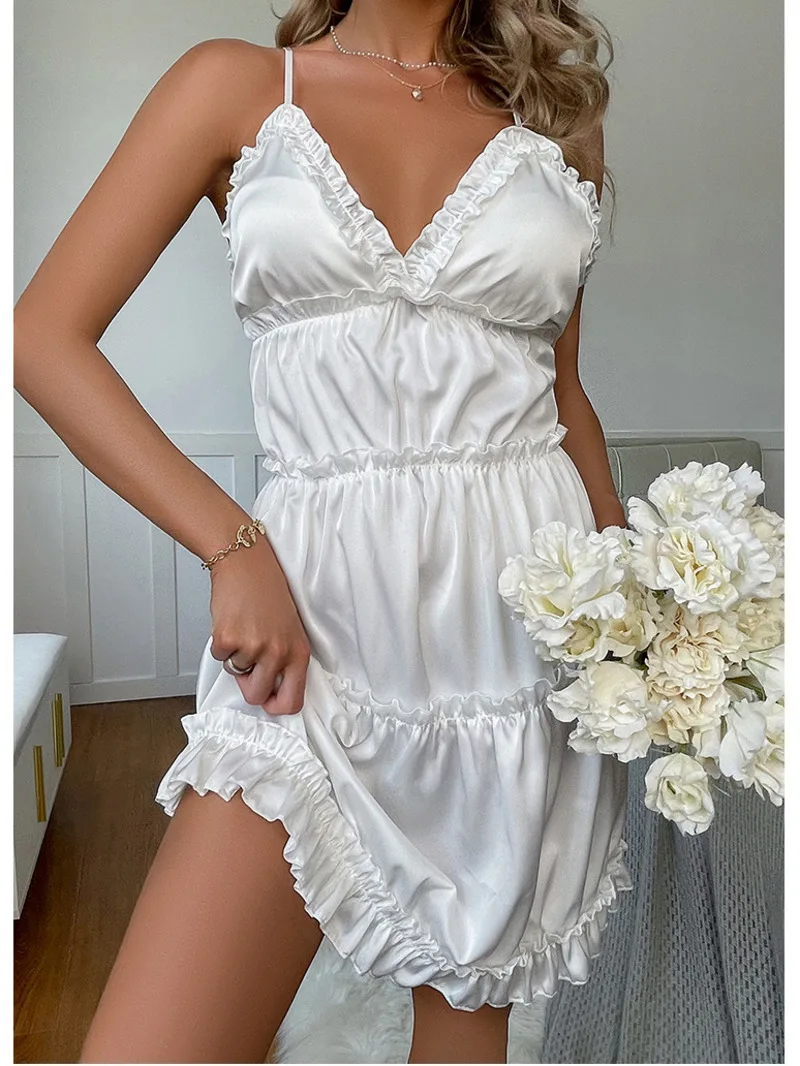 Mini robe sexy en satin avec col en V et coussin de poitrine, tenue de nuit élégante, couleur blanche, nouvelle collection 2024, G5HE