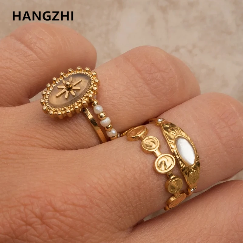 HangZhi Trendy Zircon Natural Stone Star Adjustable Geometric Ring for Women Men Stainless Steel Vintage Jewelry