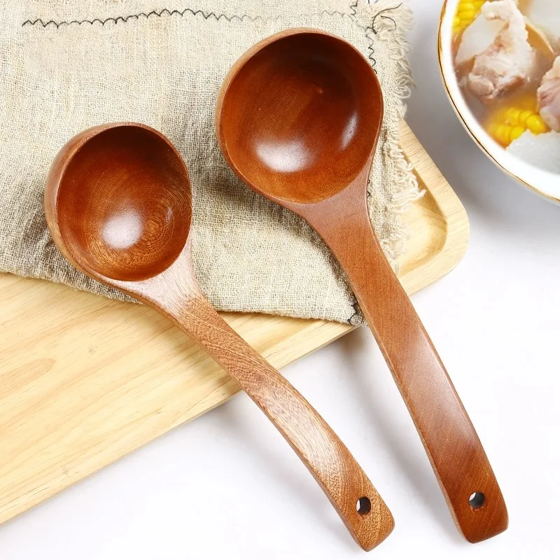 Ebony Large Soup Ladle Household Kitchen Spoon Restaurant Service Spoon Long Handle Wooden Japanese and Korean Style Spoon