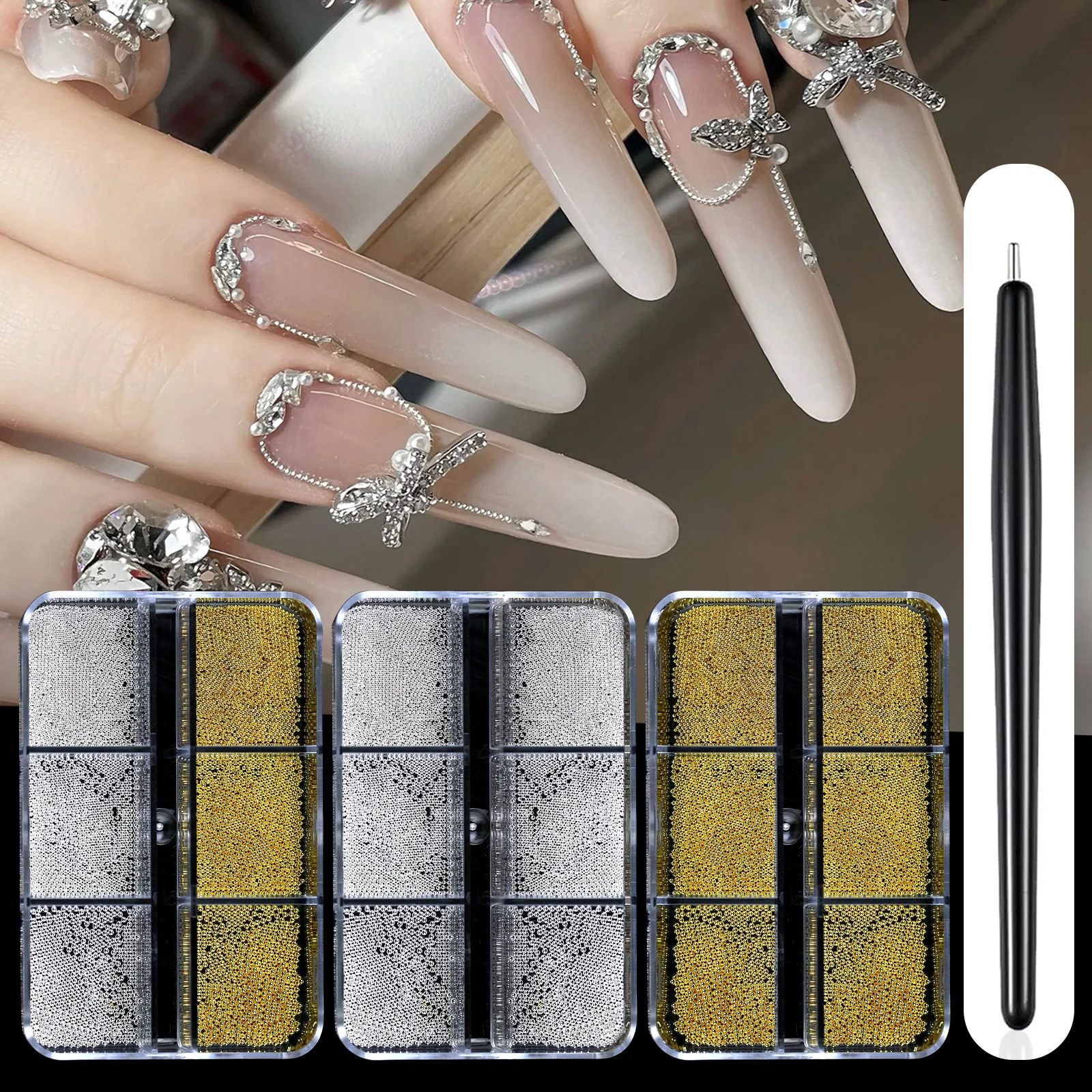 6 griglie mini caviale perline decorazioni per nail art metallo oro/argento micro sfera pendenti per unghie penna magnetica sfera gioielli per nail art fai da te