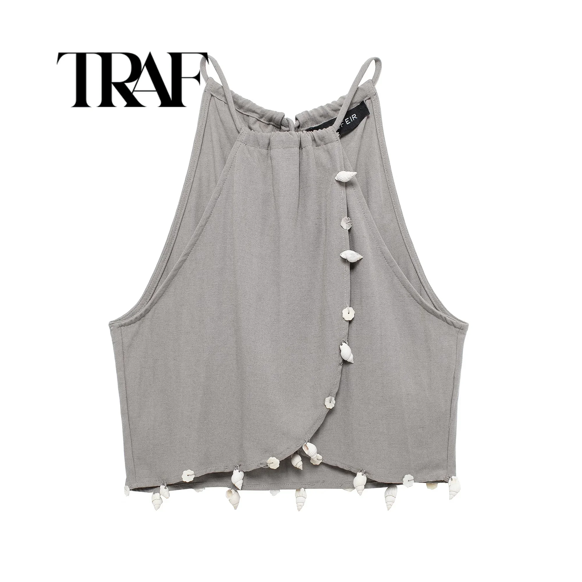 TRAF 2024 Shell Decorative Top For Women Summer Fashion Sleeveless Tank Top Highstreet Sexy Style Hanging Neck Top