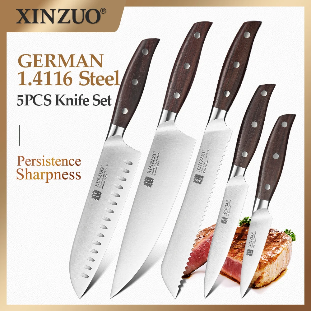 

XINZUO 5PCS Kitchen Knife Set German 1.4116 Stainless Steel Chef Santoku Bread Utility Paring Peeling Fruit Knives Cooking Tools