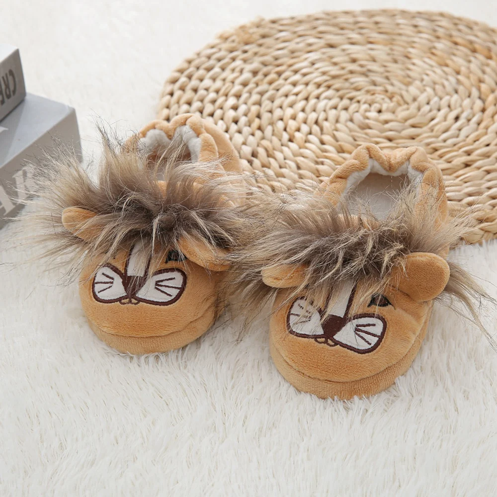 Fashion Toddler Boys Slippers for Winter Baby Loafers Plush Warm Cartoon Lion Rubber Sole Child Home Shoes Kids Indoor Footwear