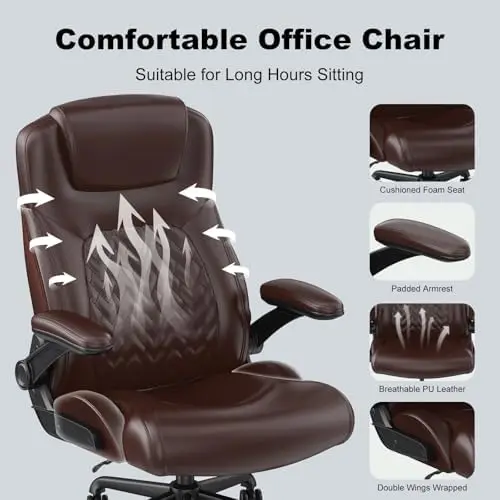 كرسي تنفيذي كبير وطويل، 500 رطل، دعم قطني، أذرع قابلة للطي، جلد PU، بني