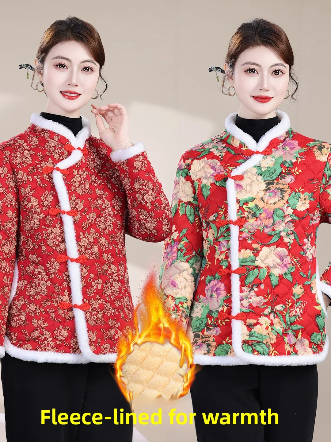 

New Mommy Sle Large Flower Cotton Jaet Mid-Old Age Women's Winter Outerwear Traditional Chinese Sle Sidelong Button Qip...