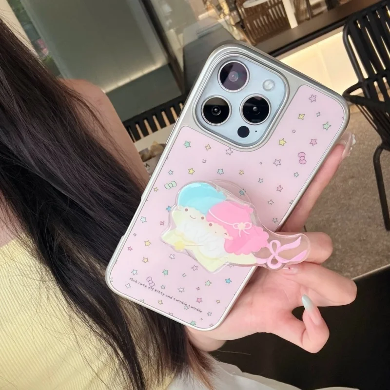 

Luxury rainbow Star Cute Bow Little Twin Couple cartoon Holder Phone Case For iPhone 14 15 16 Pro Max Lovely Gemini bracket