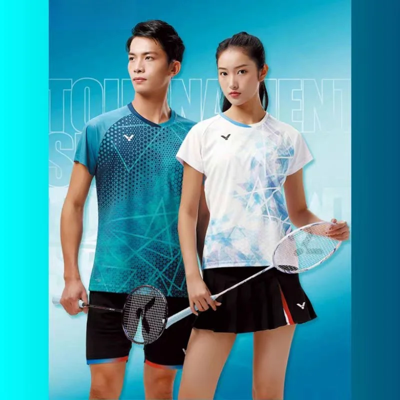 

Customized men's and women's badminton T-shirt shorts quick dry breathable lightweight V-neck tennis T-shirt can print LOGO