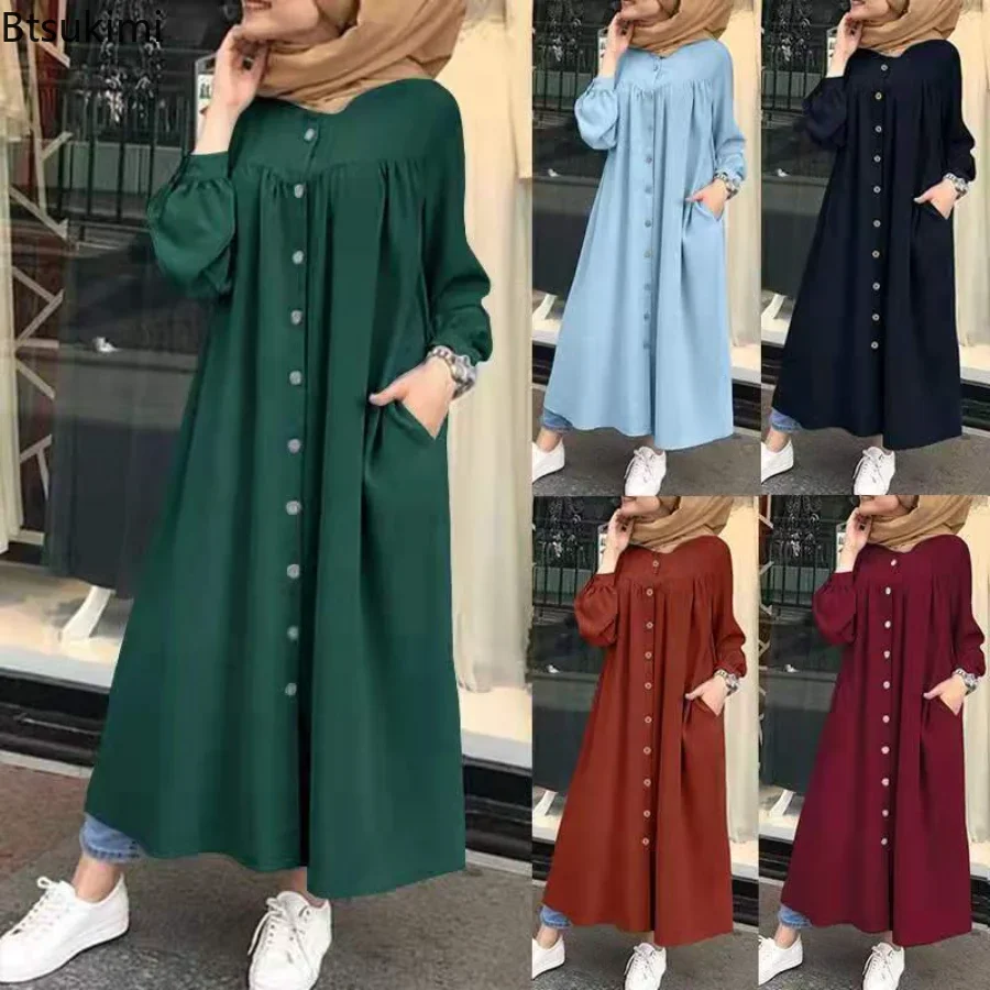 Vestido musulmán informal de talla grande 4XL 5XL para mujer, vestido camisero liso de manga larga con botones, bata con bolsillo, Abayas para