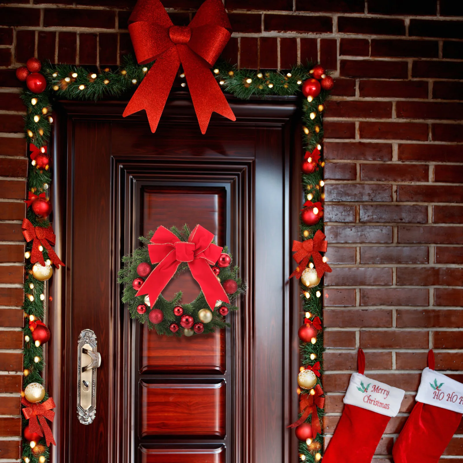 

Christmas Wreath Indoors Hanging Christmas naments Green Grass Red Knot Bowknot Artificial Home Party Supplies Decor