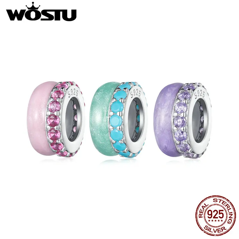 WOSTU 925 Sterling Silver blu rosa viola silica Spacer Bead Candy Charms con zircone lucido Fit bracciale originale collana fai da te