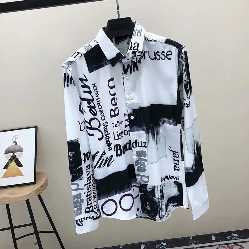 Men's flower shirt long sleeve Korean slim trend handsome retro casual floral shirt men's ice silk shirt