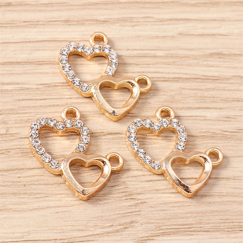 10 Stück 16x15mm Niedliche Kristall-Legierung Doppelherz-Anhänger für Schmuckherstellung, Ohrringe, Halsketten, DIY-Bastelzubehör – Detail 4