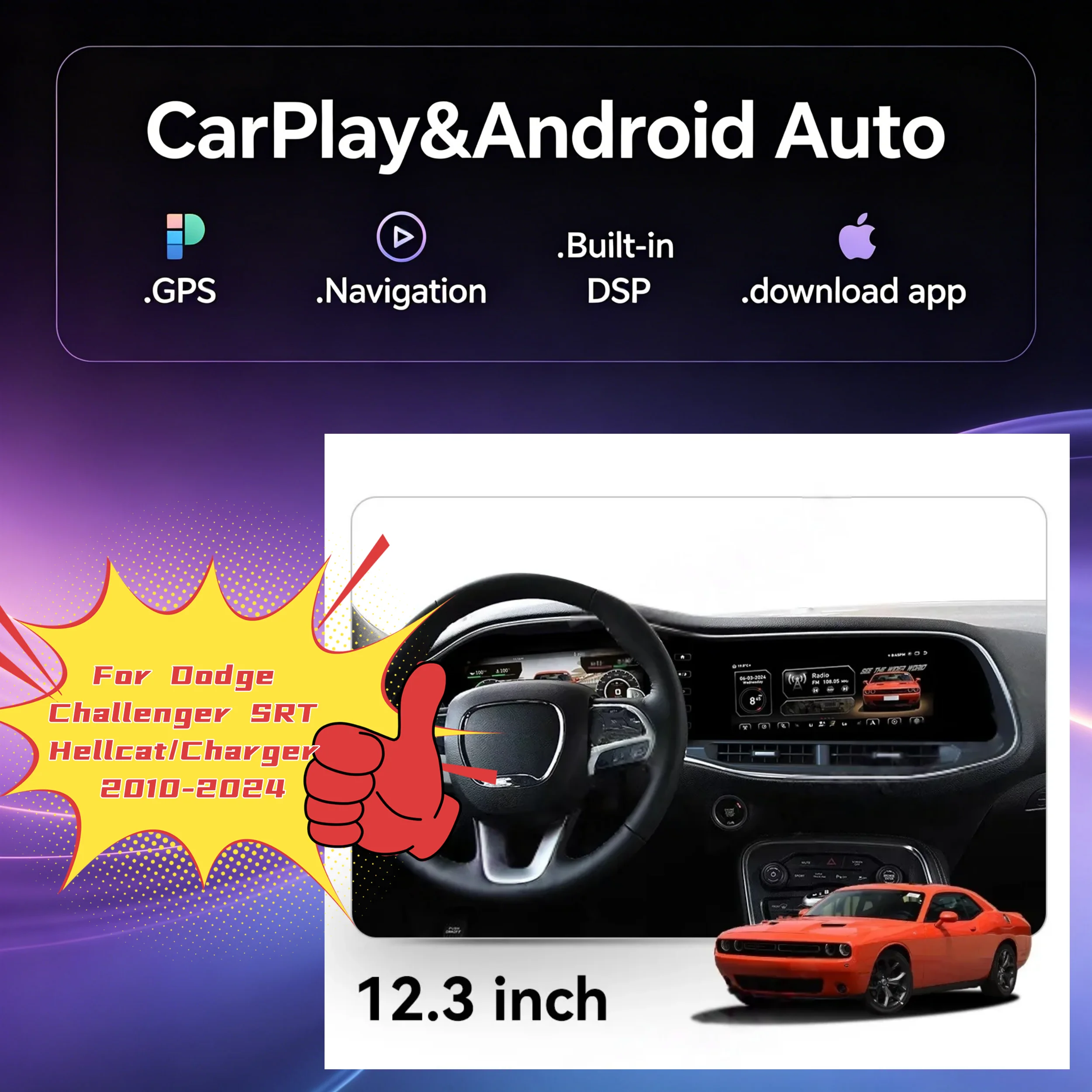 

Android Auto HD For Dodge Challenger SRT Hellcat/Charger 2010-2024 Digital Cluster Speedometer Car GPS Radio Player Carplay unit