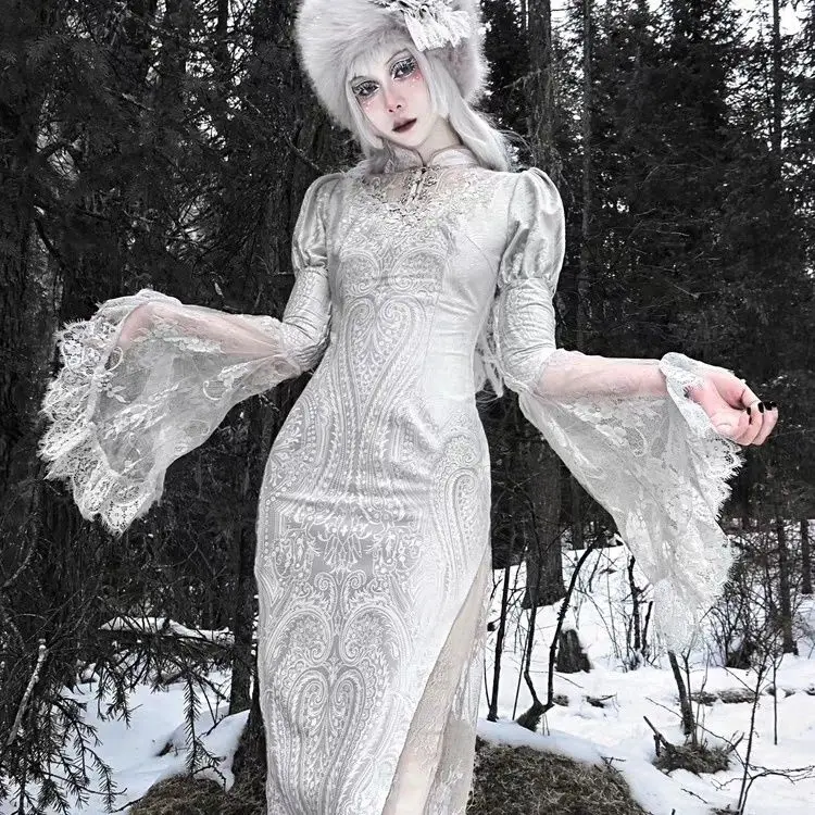Original Gothic Velvet Fi Tail Qipao Dr loween Snow Country's Call Embroidered A-Line Skirt Long Sve Korean Sle