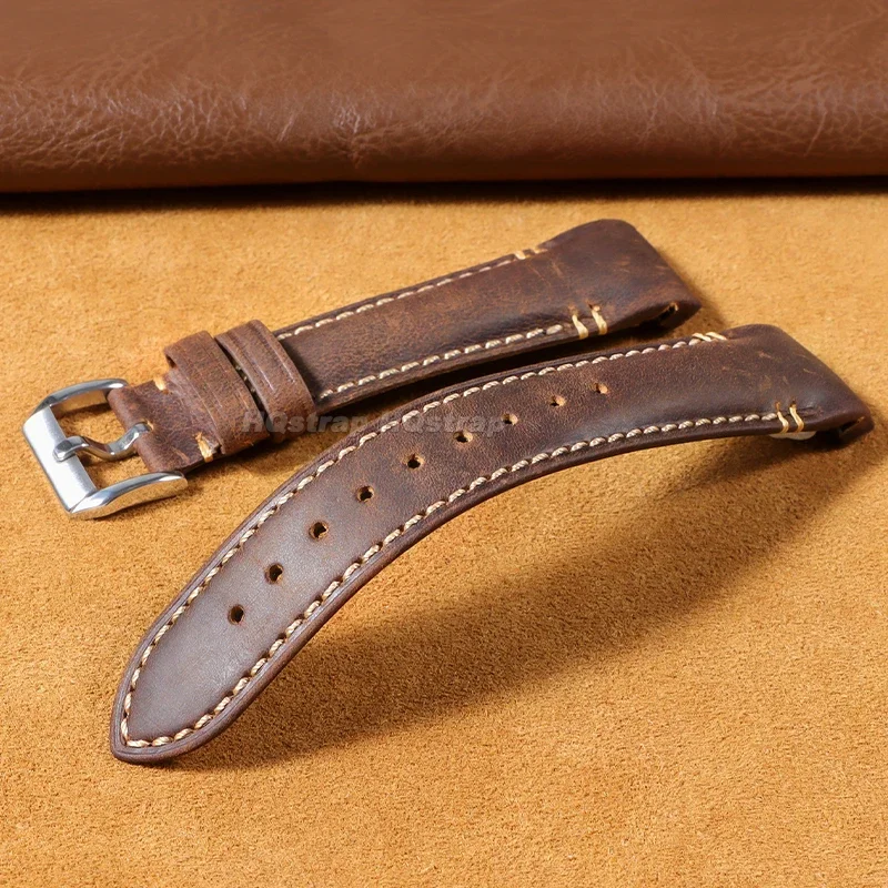 Ремешок из натуральной кожи 20 мм 22 мм, высококачественный браслет в стиле ретро, спортивный водонепроницаемый универсальный сменный браслет с изогнутым концом