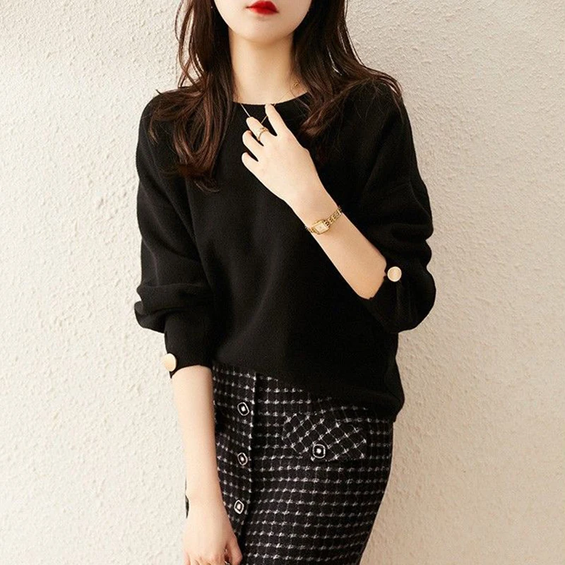 Women's Round Neck Pullover Sweater Loose Korean Elegant Long-sleeved Knitted Bottoming Shirt Autumn And Winter New Jumper Tops