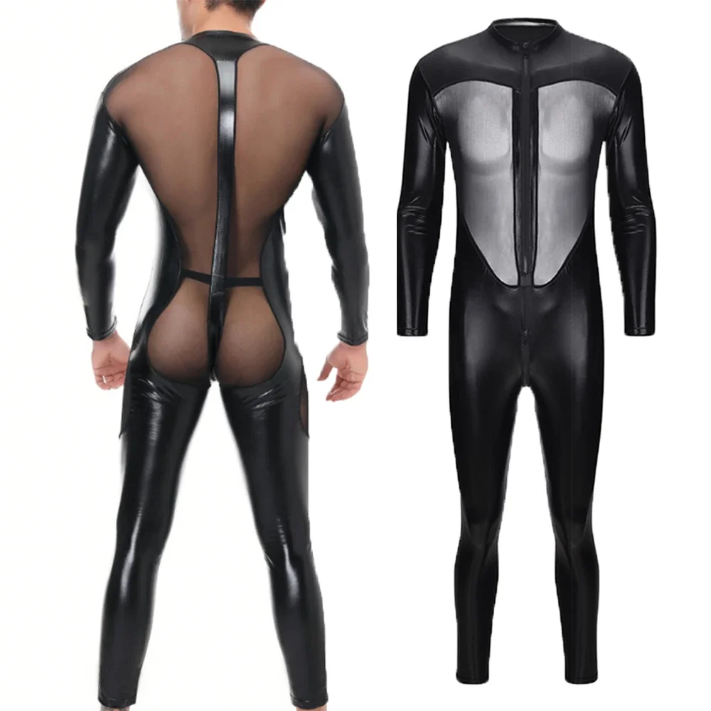 Bodysuits de couro erótico com zíper masculino, roupa de boate, macacão sexy de mangas compridas, macacão calça longa