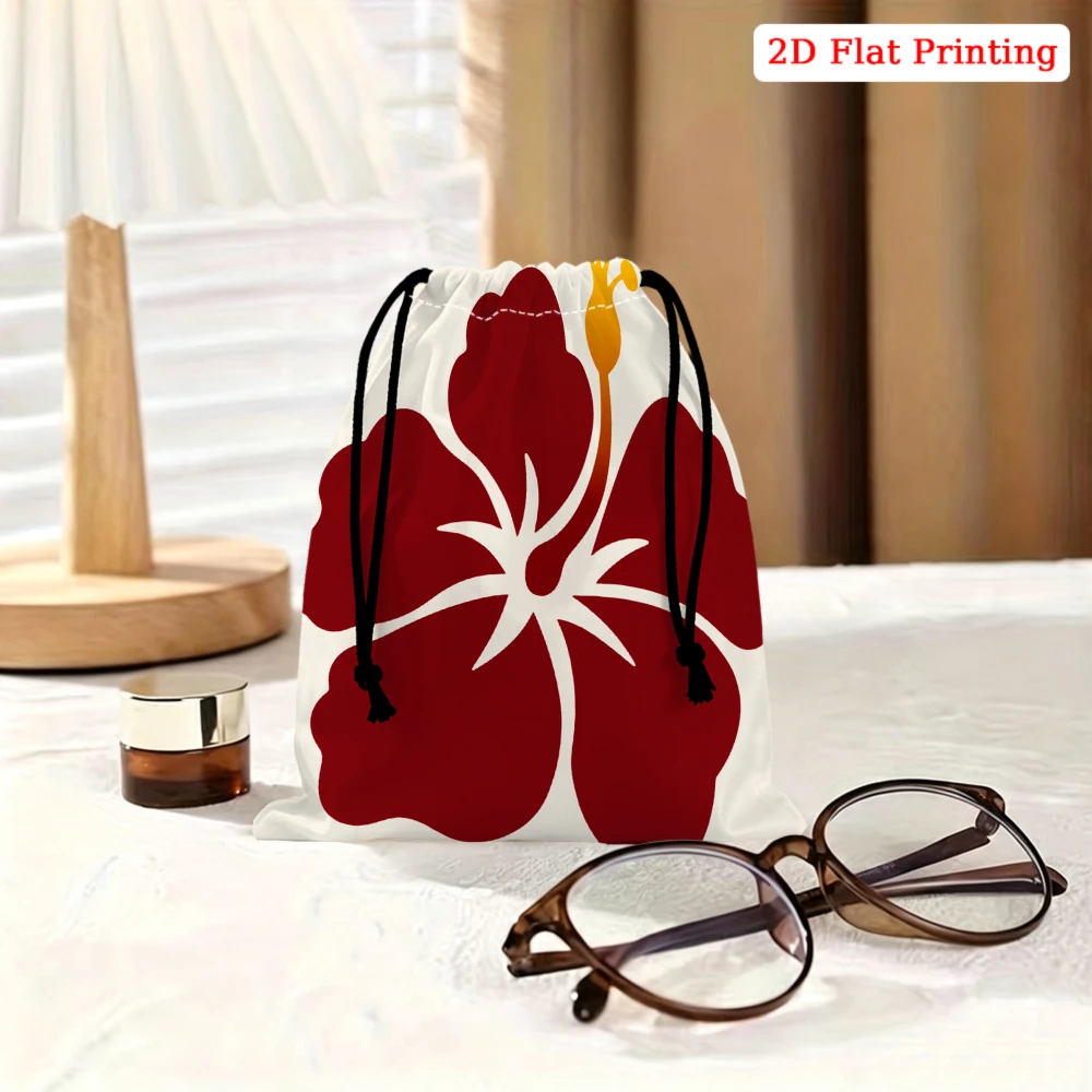 1pc Floral Print Drawstring Bag Red White Hibiscus Pattern Storage Small Pouch For Travel Cosmetics Glasses Organizer Portable G