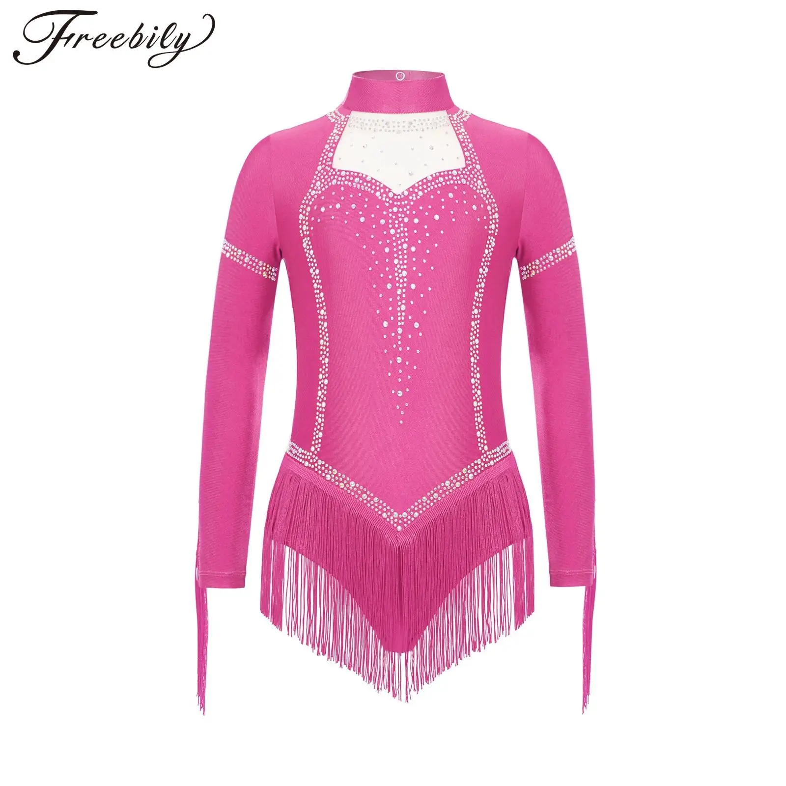 ชุดบอดี้สูทเต้นแทงโก้ ละติน ชาช่า แซมบ้า บอลรูม สำหรับเด็กผู้หญิง แขนยาว ประดับคริสตัล ตาข่าย พู่ห้อย สำหรับการเต้นรำและฟิกเกอร์สเก็ต