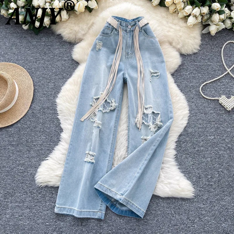 ANJY Spring Autumn New Women Trendy Vintage Ripped Design Jeans Fashion High Street Washed Casual Ins Wide Leg Denim Pants A8825